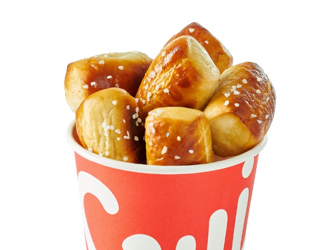 Swig Salted Pretzel Bites warm, buttery, salted pretzel bites, 410 cal, $3.75.